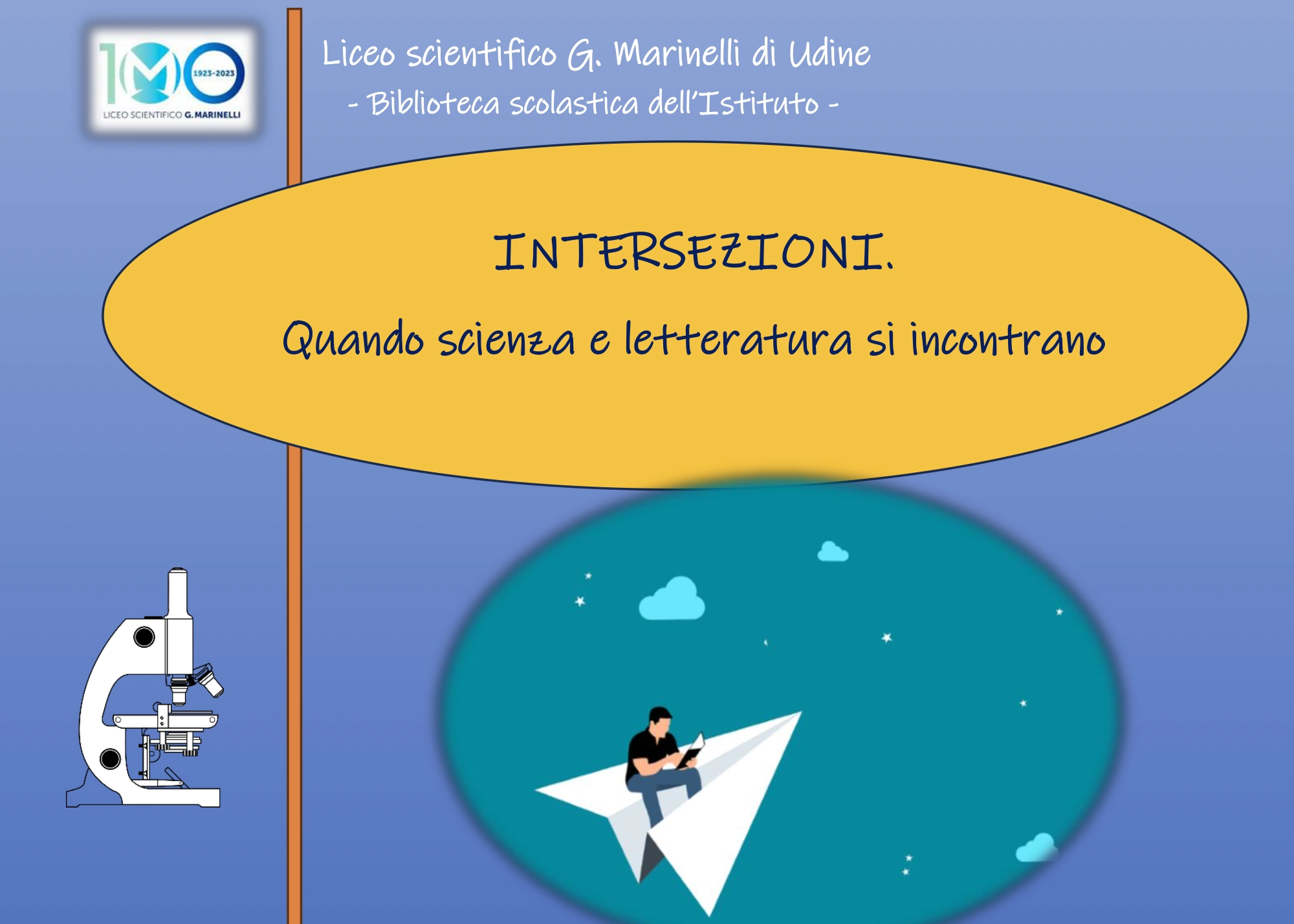 flyer of the science and literature event in Marinelli high school in Udine, Italy