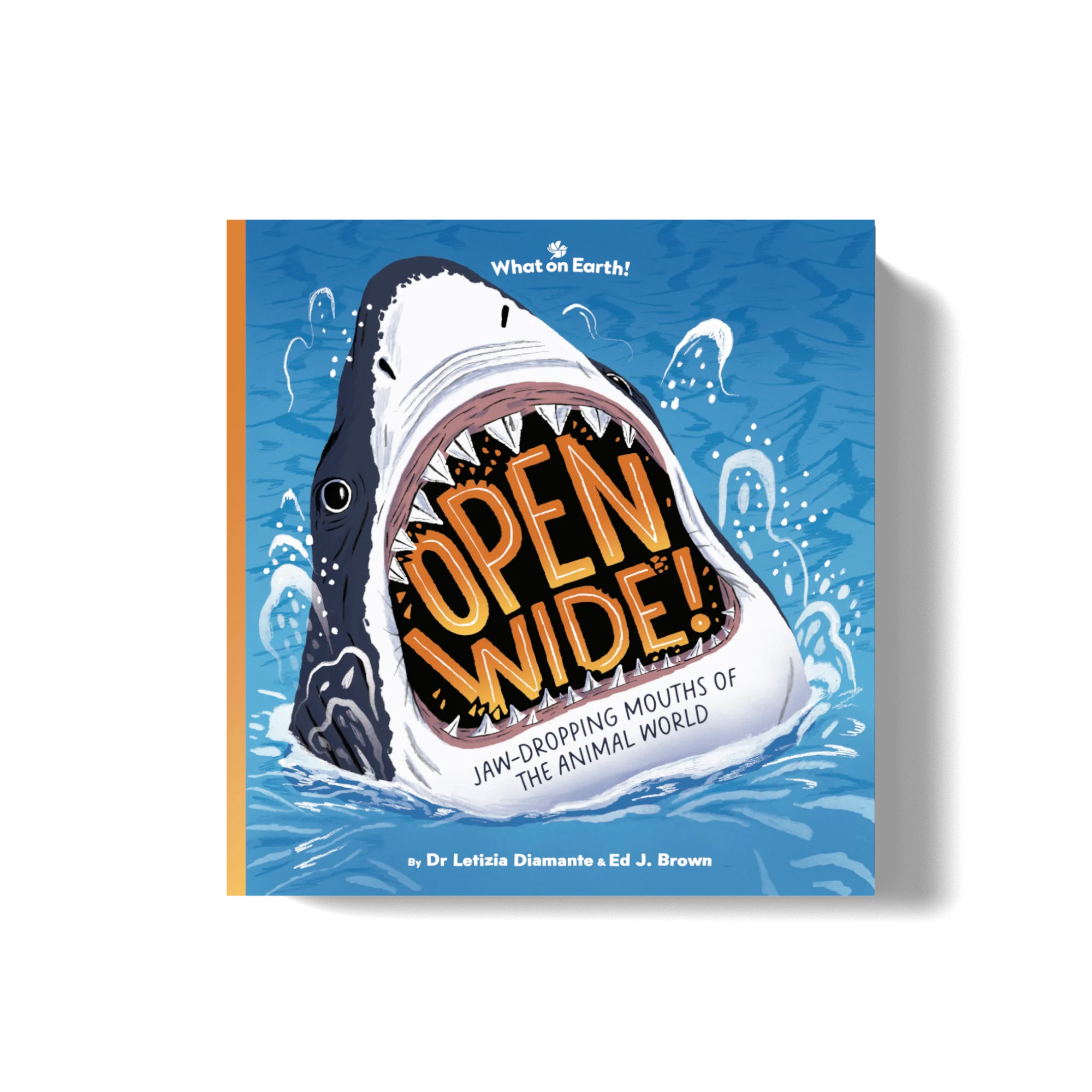 The cover of Open Wide, a scientific book for children about mouth, teeth, tongue, sharks, dinosaurs