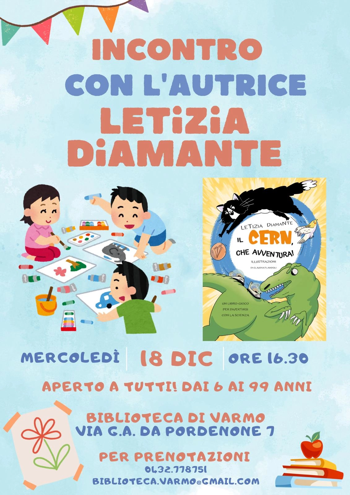 flyer with the book Il CERN che avventura! and details to attend the event in Varmo